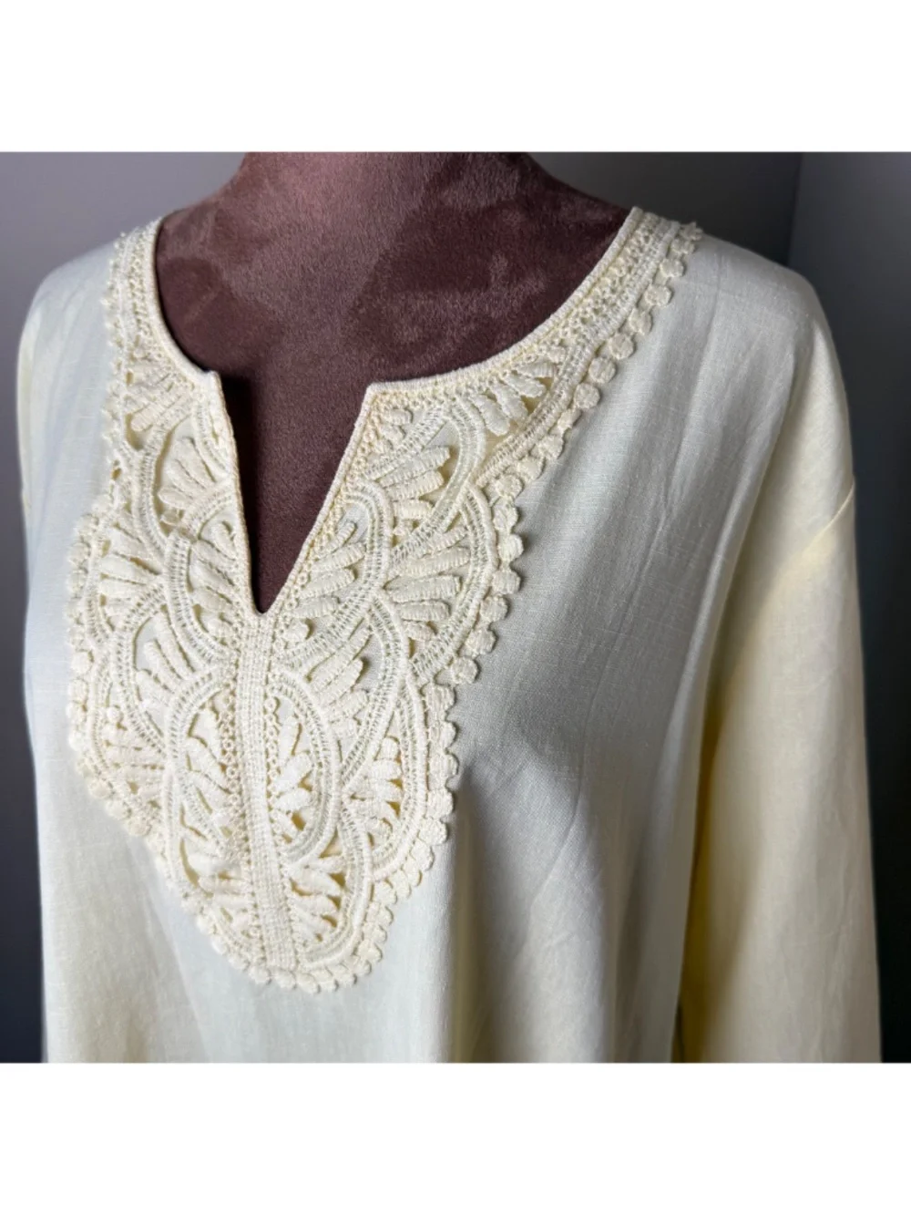NWT Lomon Crochet Linen Blend Tunic Womens XL Butter Yellow Boho Resort Shirt